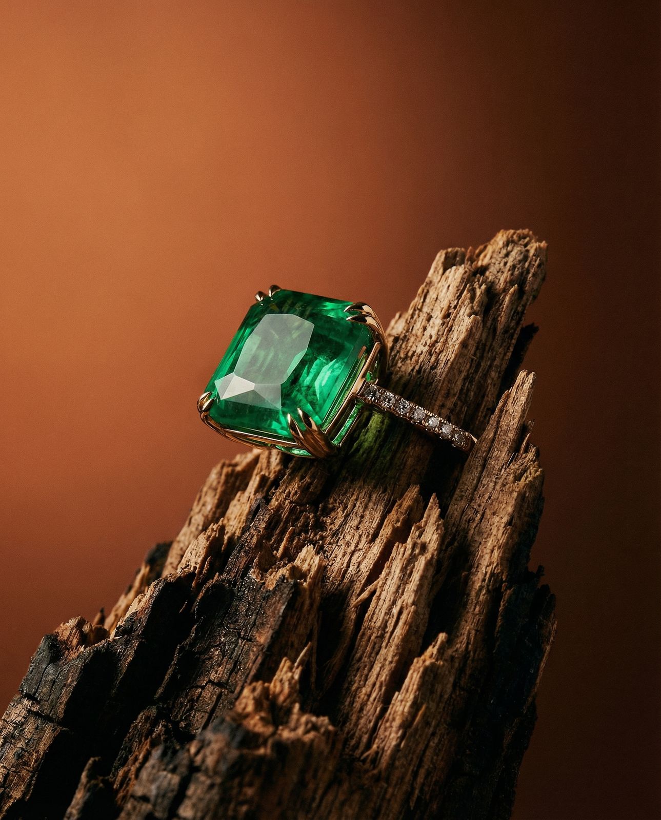 a green ring sitting on top of a piece of wood