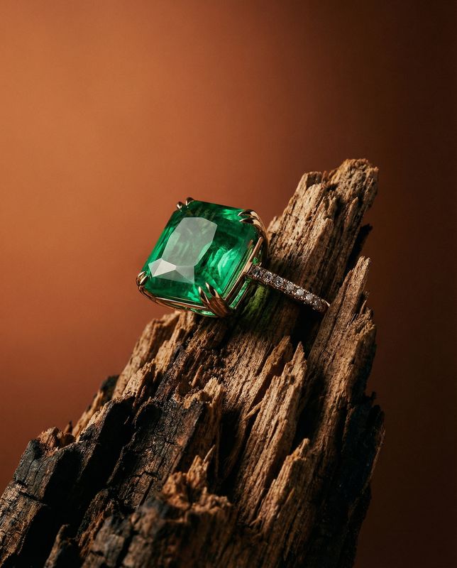 a green ring sitting on top of a piece of wood