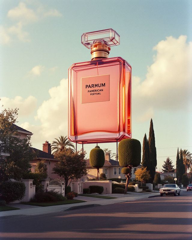 a pink perfume bottle hanging from the side of a road
