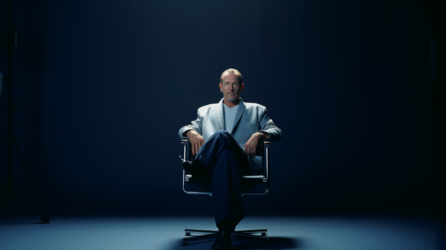 a man sitting in a chair in a dark room