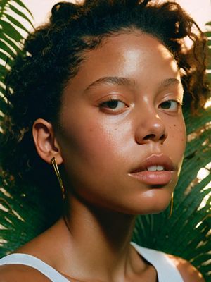 a close up of a person with a plant in the background