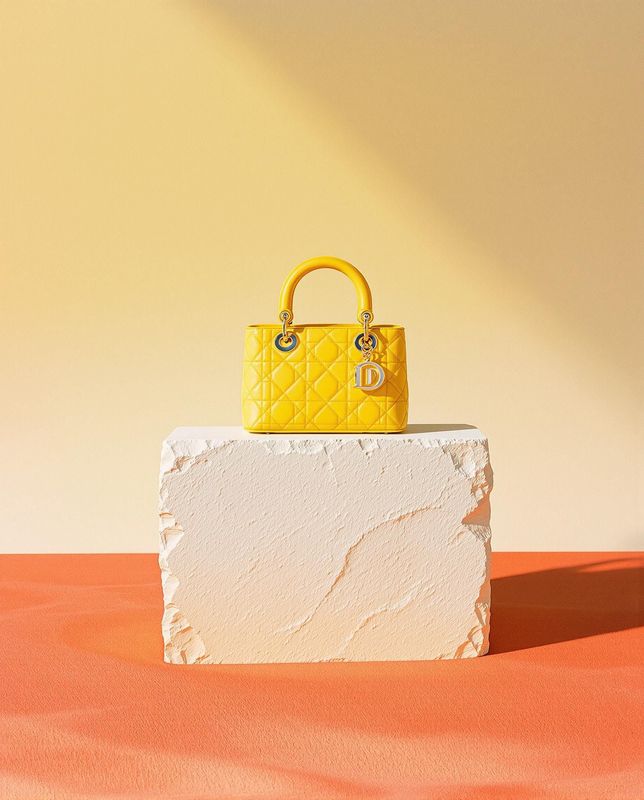 a yellow handbag sitting on top of a white block