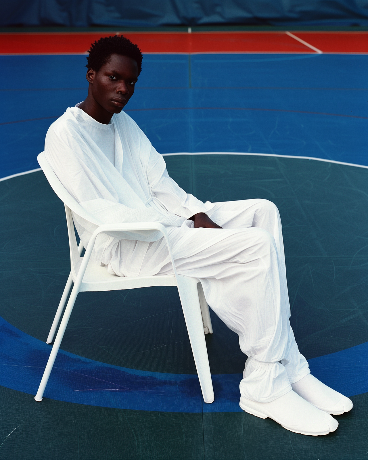 a man sitting in a chair on a tennis court