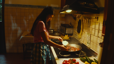 a woman cooking in a kitchen with a stove top