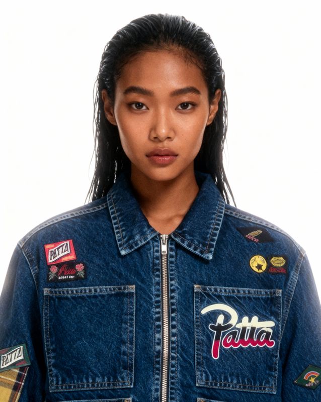 a woman wearing a jean jacket with patches on it