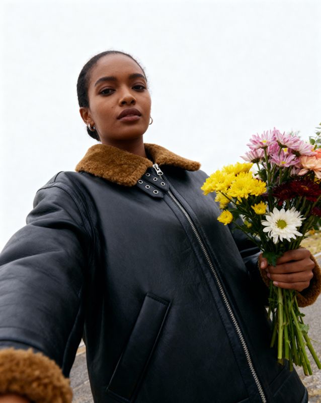 a woman holding a bunch of flowers in her hands
