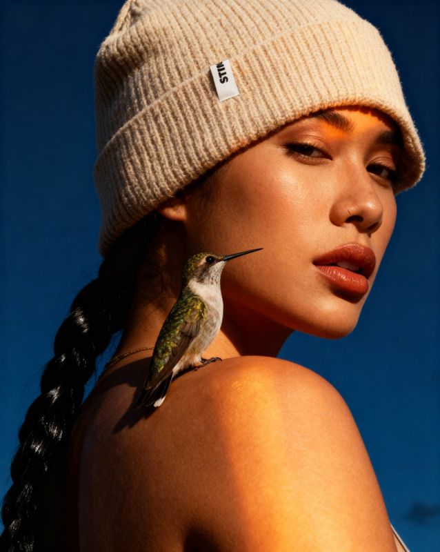 a woman with a hat and a bird on her shoulder