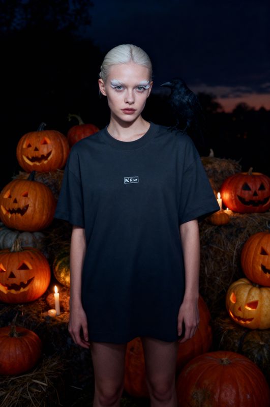 a woman standing in front of a pile of pumpkins