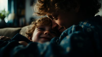 a woman and a child cuddle together on a couch