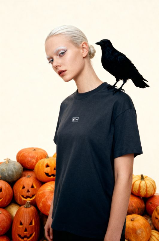 a woman standing next to a pile of pumpkins