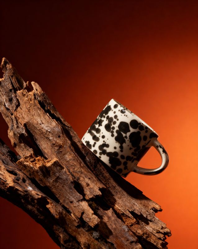 a coffee cup sitting on top of a piece of wood