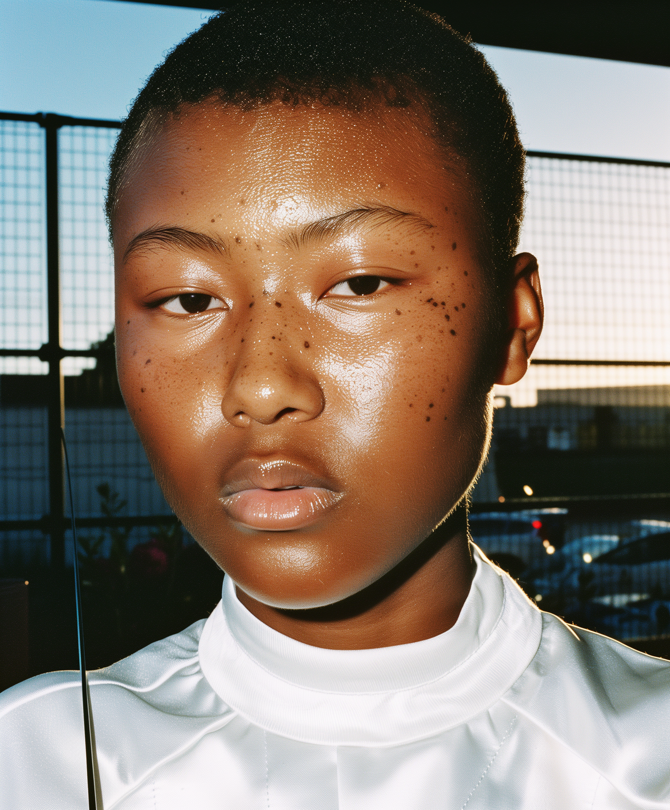 a close up of a person with freckles on her face