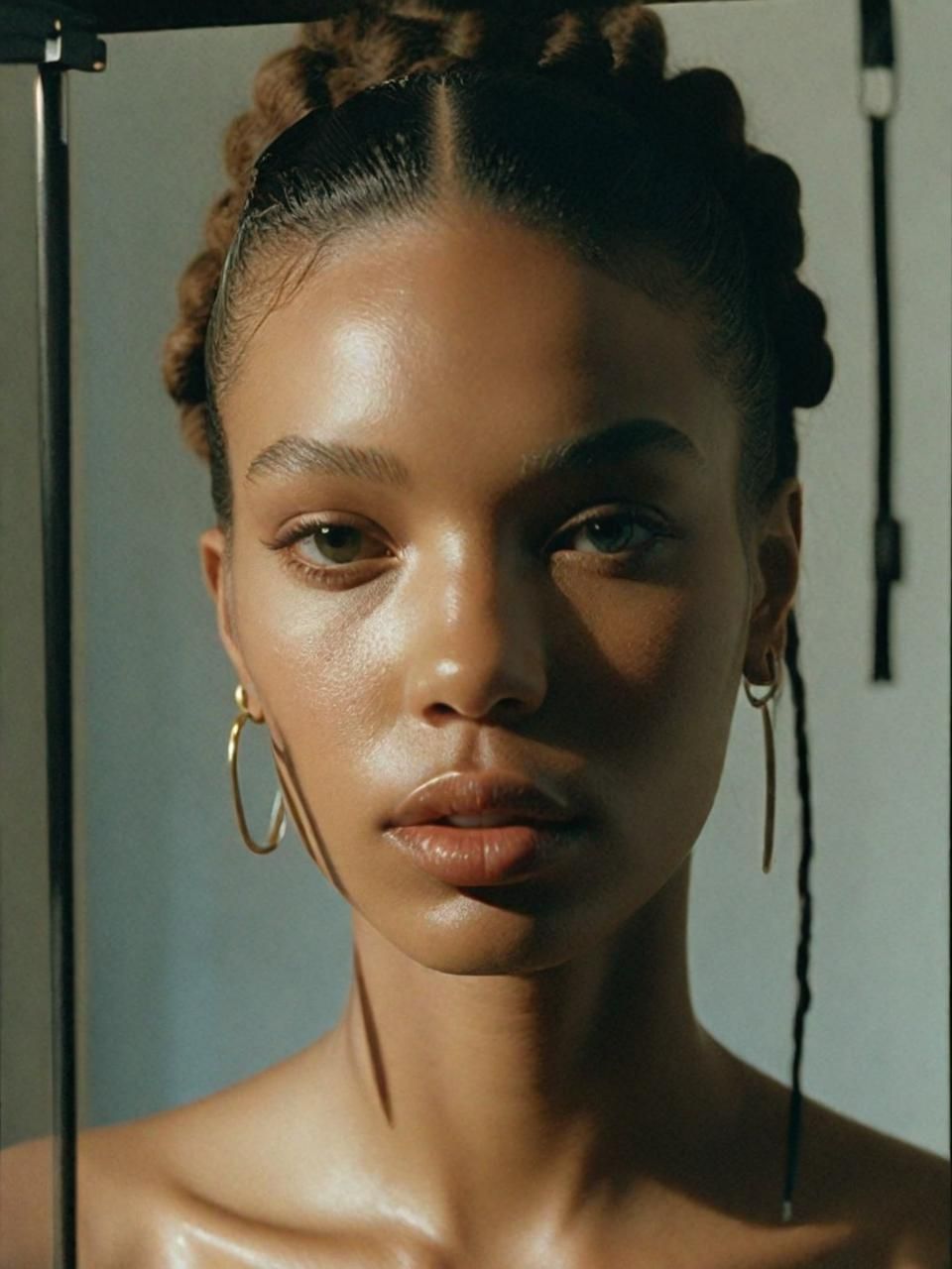 a woman with large hoop earrings on her head