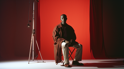 a man sitting on a chair in front of a red wall