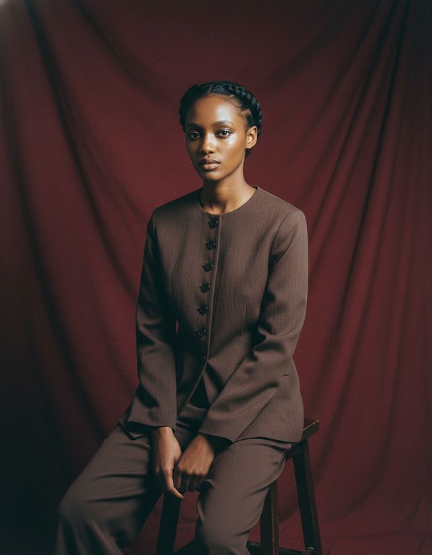 a woman sitting on a chair in front of a red curtain