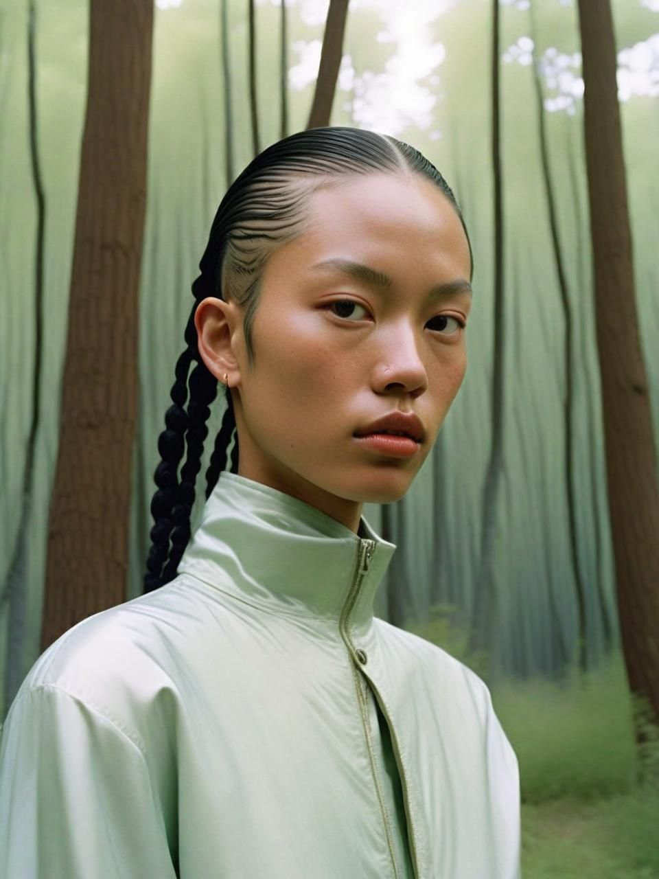 a woman with braids standing in a forest