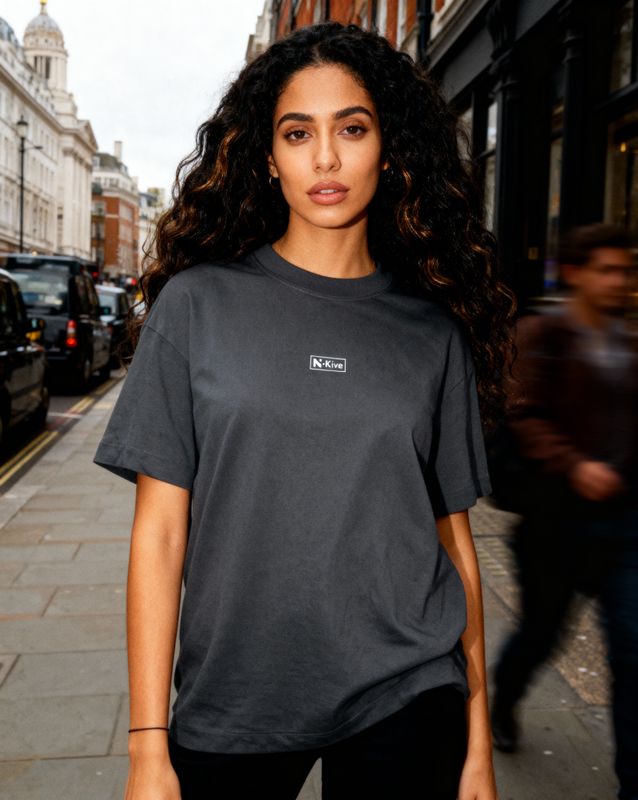 a woman standing on a sidewalk in front of a building