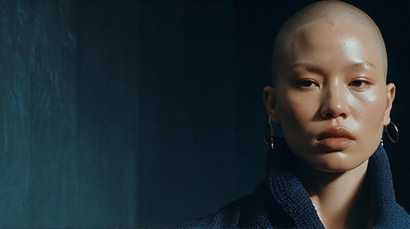 a woman with a bald head wearing earrings