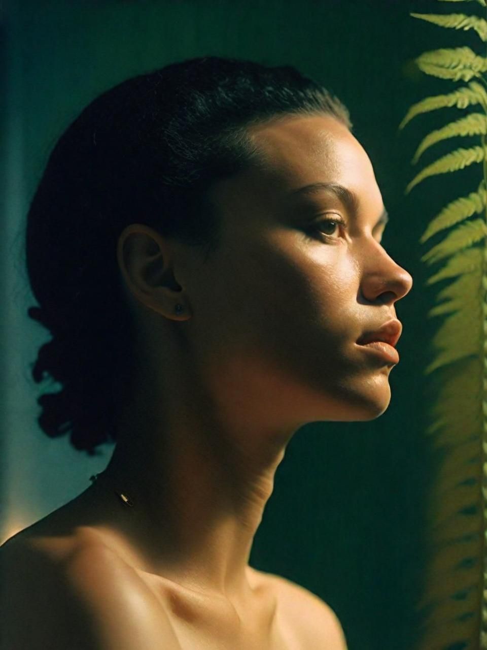 a woman standing in front of a green plant