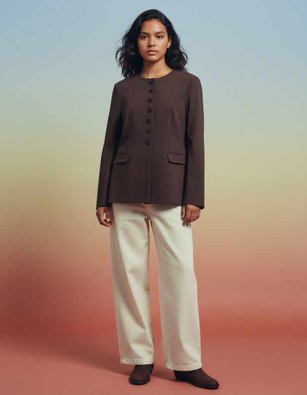 a woman in a brown jacket and white pants