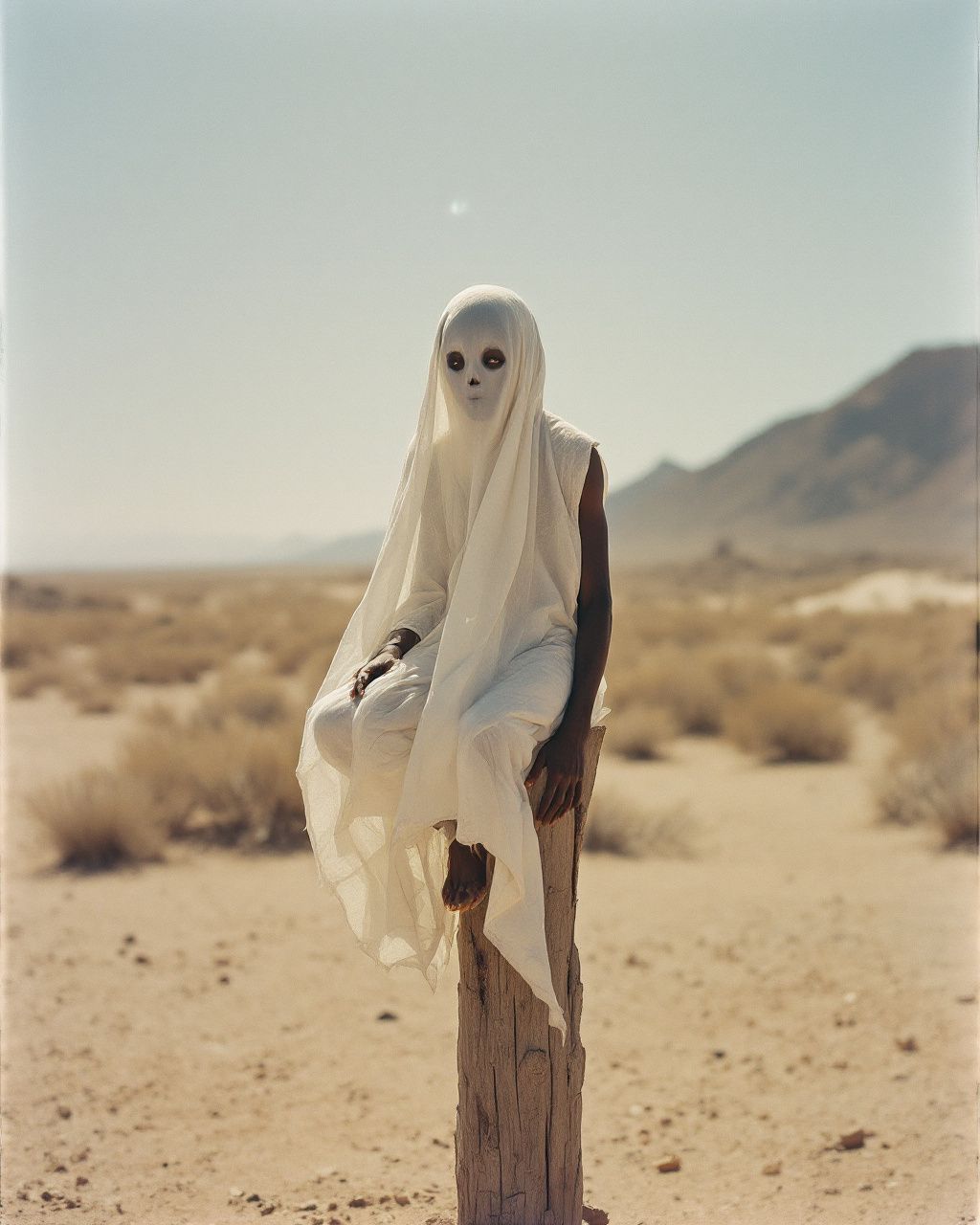 a ghost sitting on a post in the desert