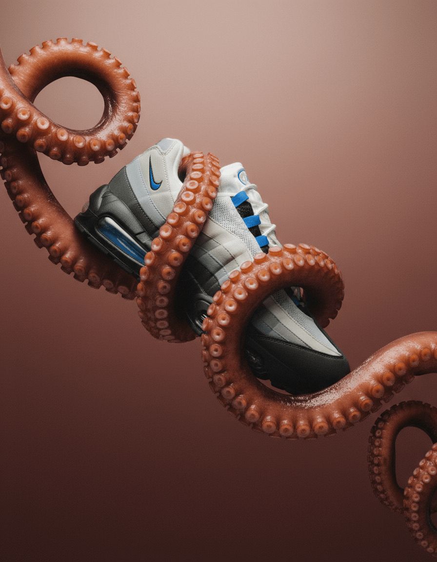 a pair of sneakers with octopus tentacles attached to them