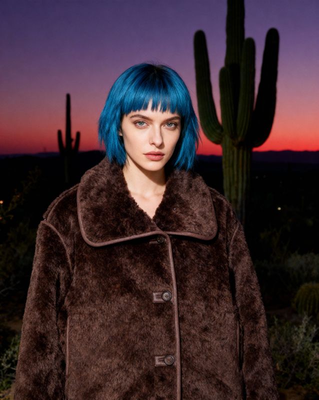 a woman with blue hair standing in front of a cactus