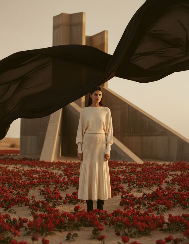 a woman standing in a field of red flowers