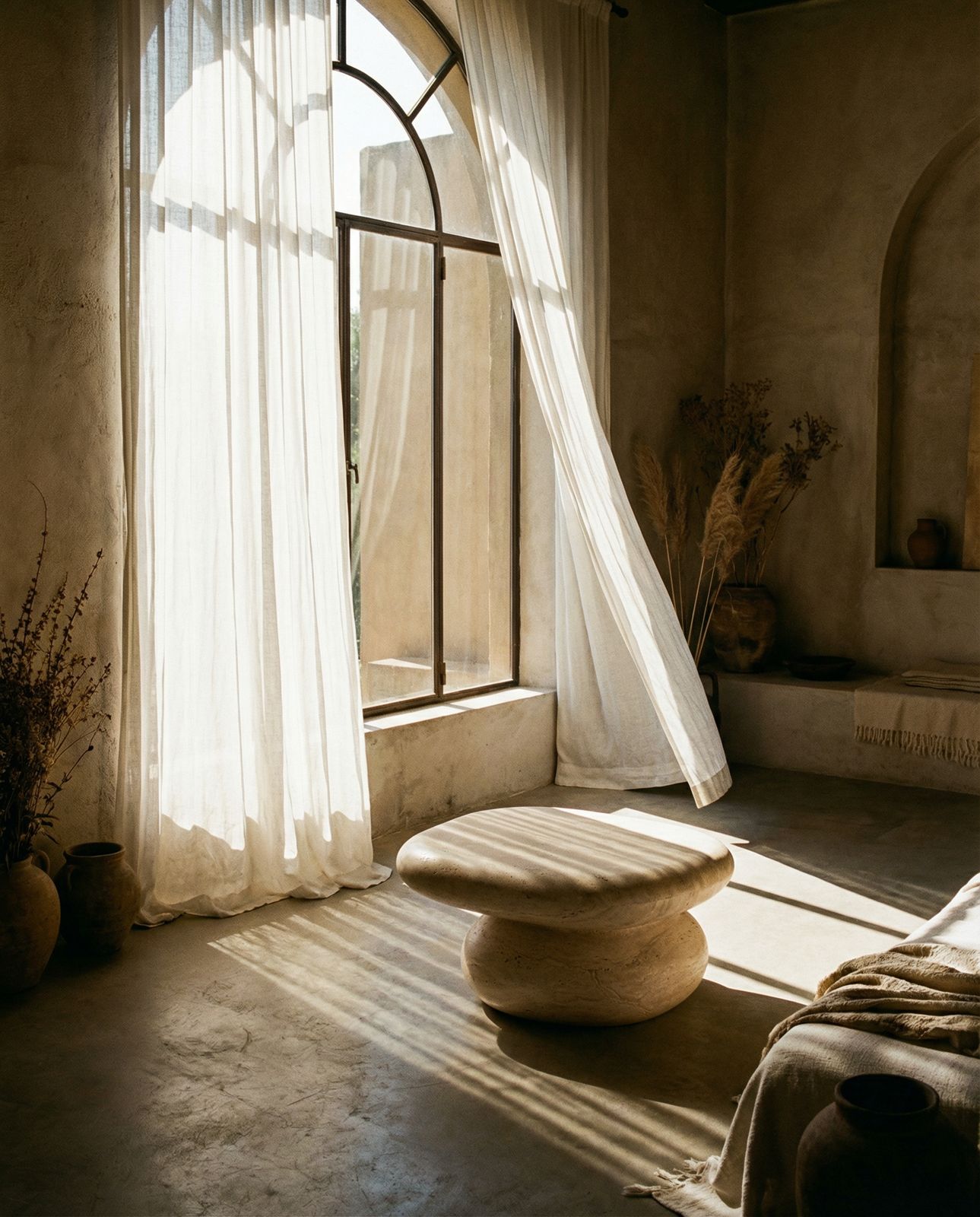 a room with a large window and a round stone table