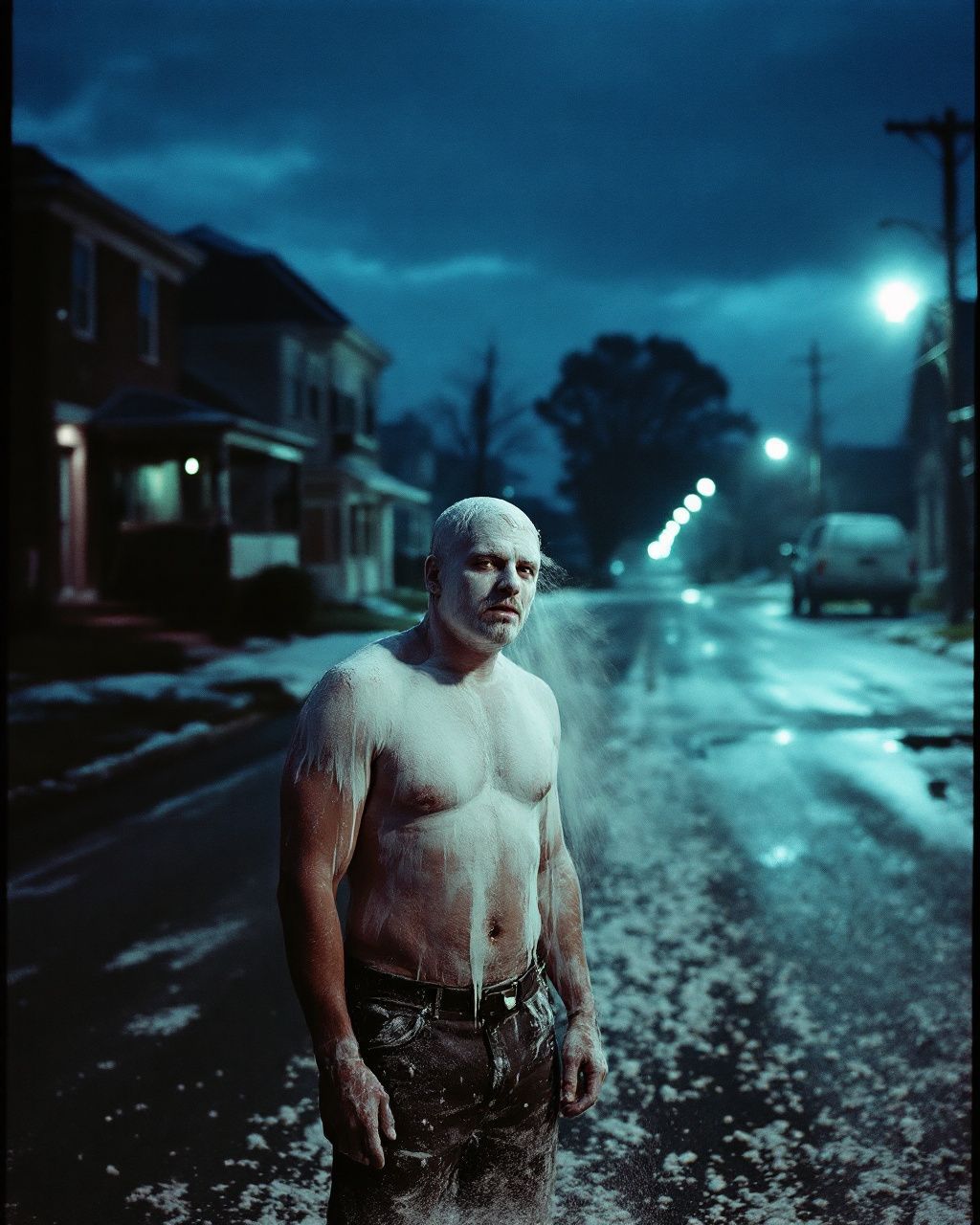 a man standing in the middle of a street at night