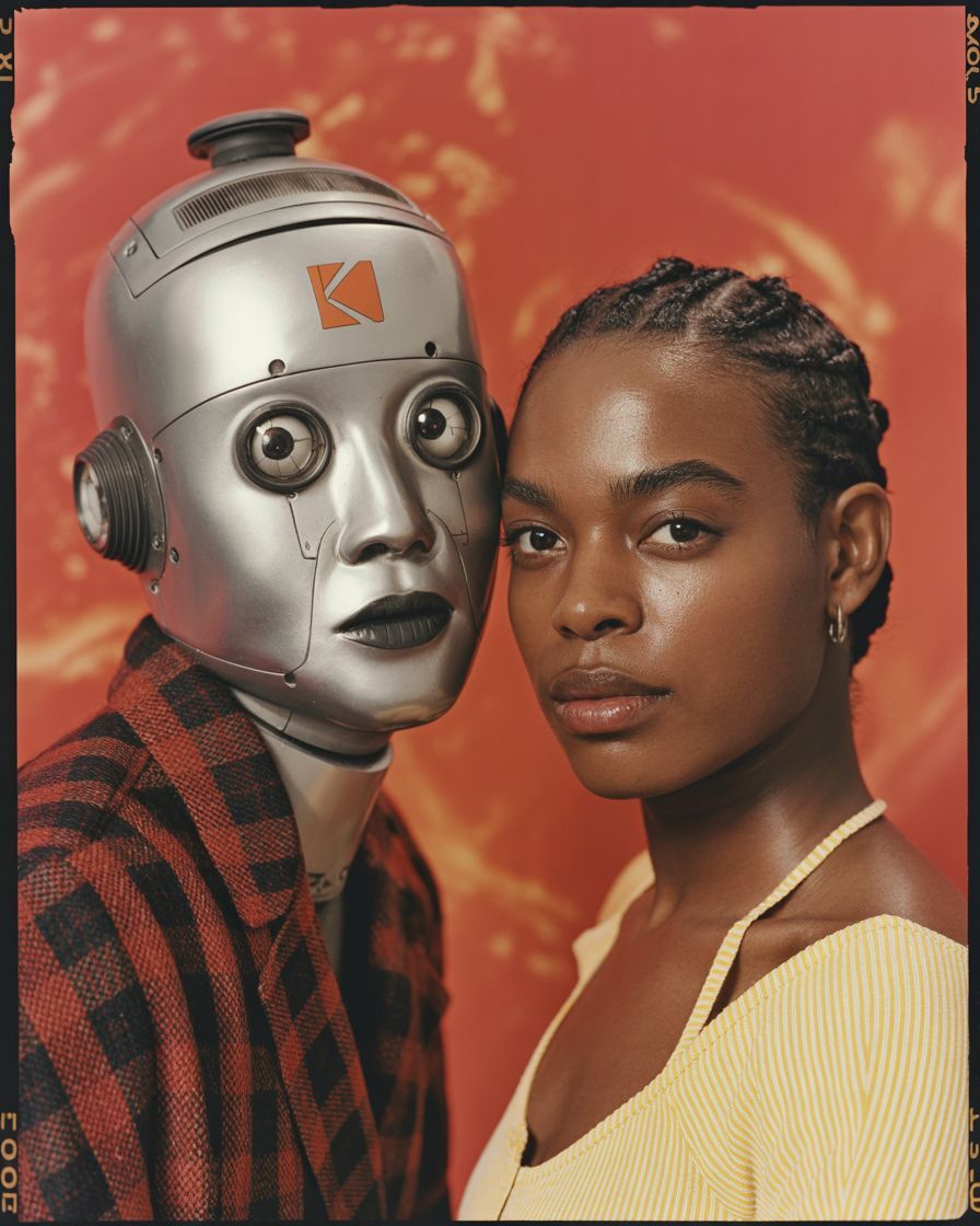 a woman standing next to a robot with a surprised look on her face