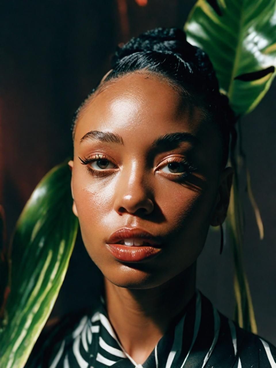 a woman with a green plant in her hair