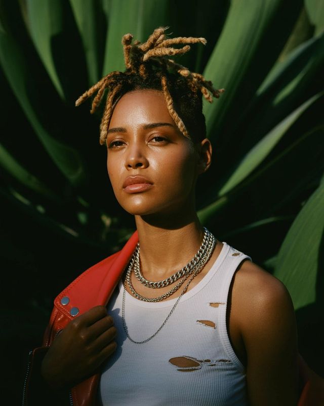 a woman with dreadlocks standing in front of a plant