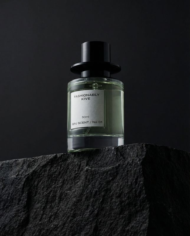 a bottle of perfume sitting on top of a rock