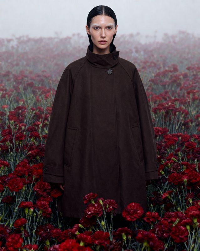 a woman standing in a field of red flowers