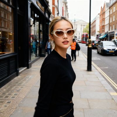 a woman in a black top and sunglasses on a city street