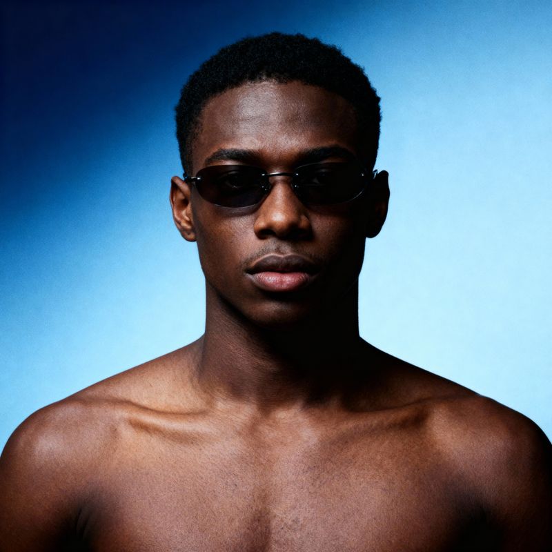 a man with no shirt wearing sunglasses on a blue background