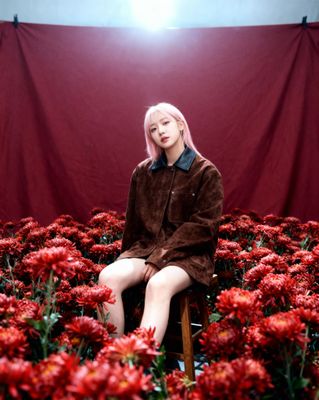 a woman sitting on a chair surrounded by red flowers