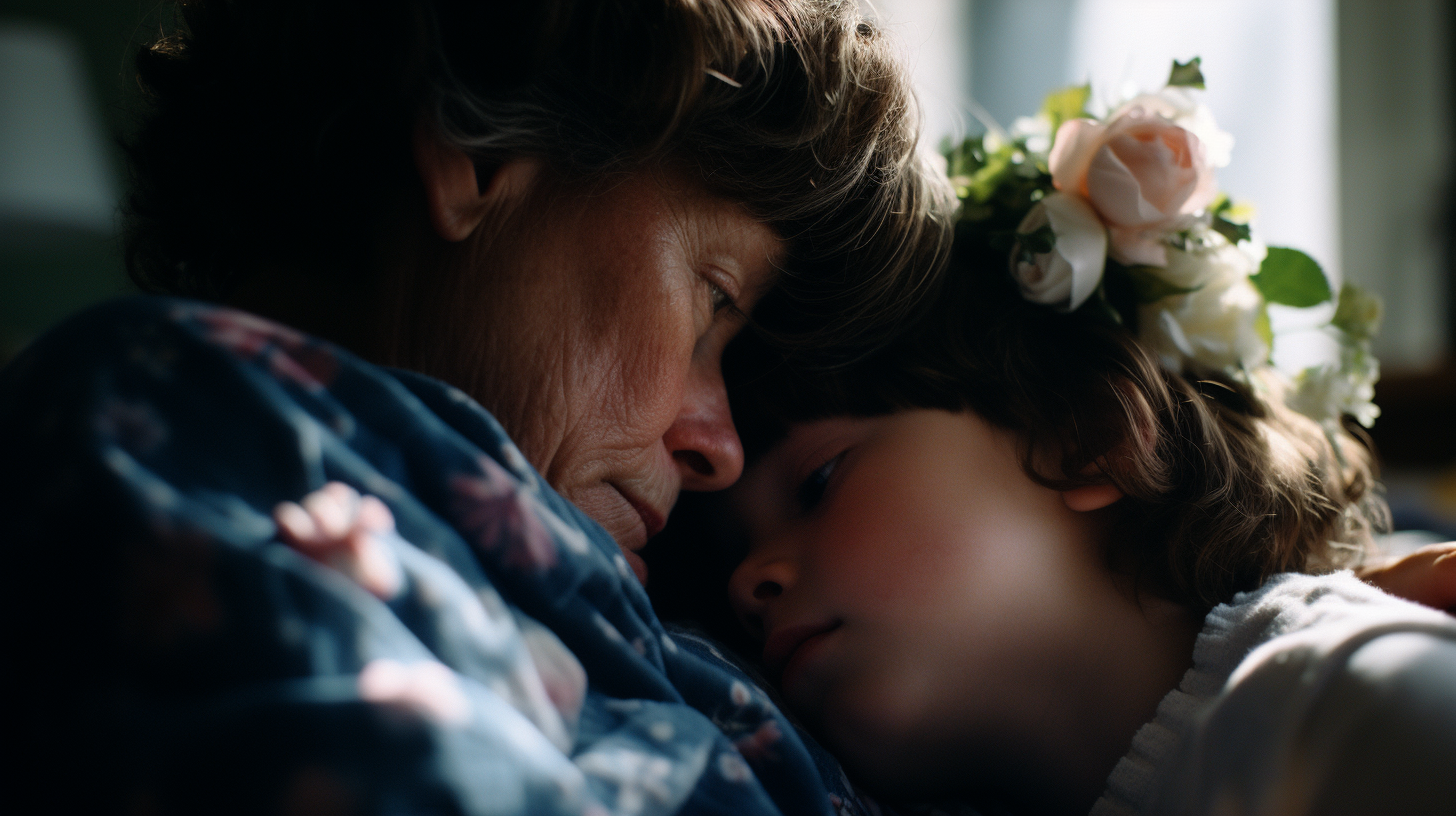 a woman holding a small child with a flower in her hair