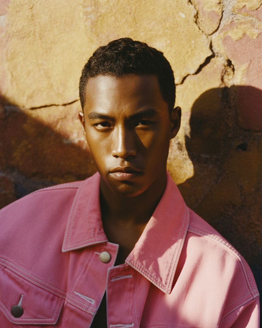 a man in a pink jacket standing in front of a wall