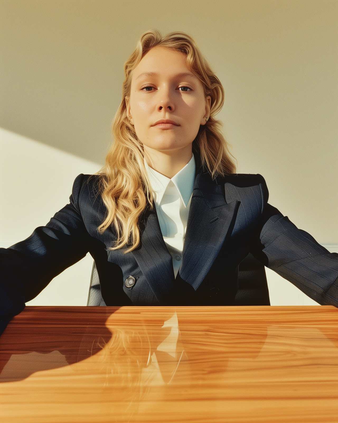 a woman in a suit sitting at a table