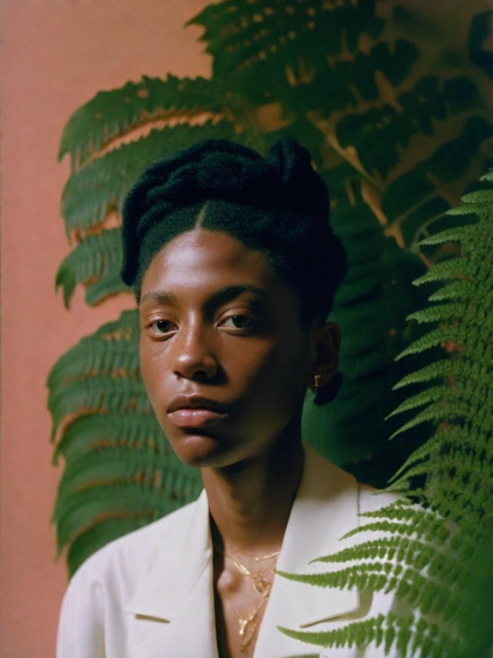 a woman standing in front of a green plant