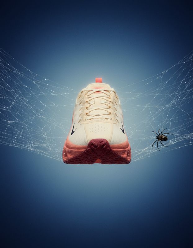 a spider crawling next to a pair of shoes