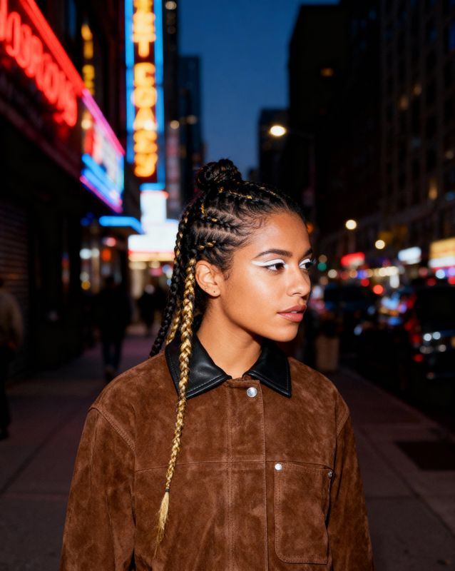 a woman with braids standing on a city street