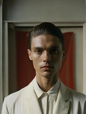 a man in a white suit standing in front of a door