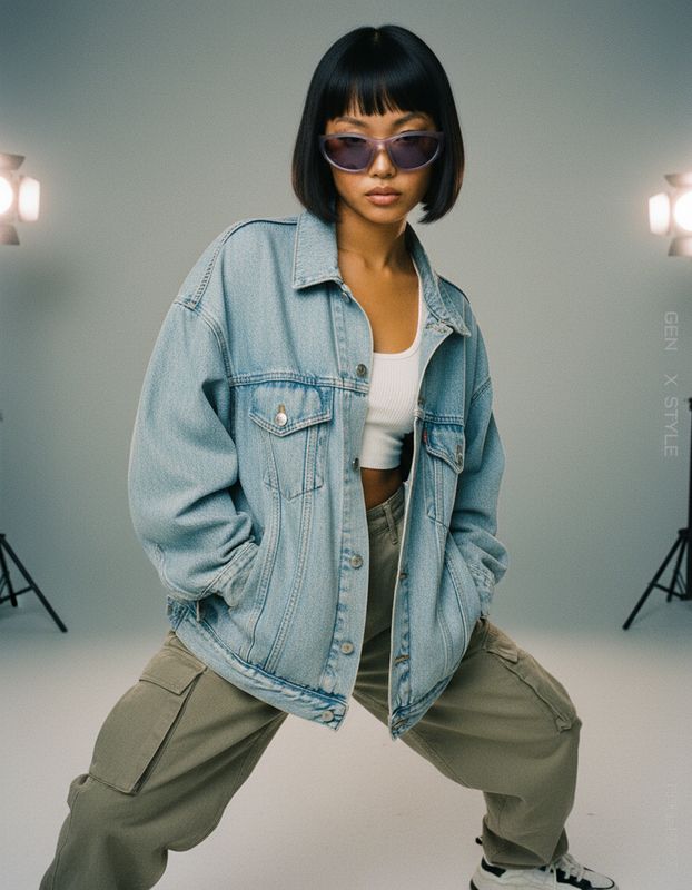 a woman wearing a jean jacket and sunglasses