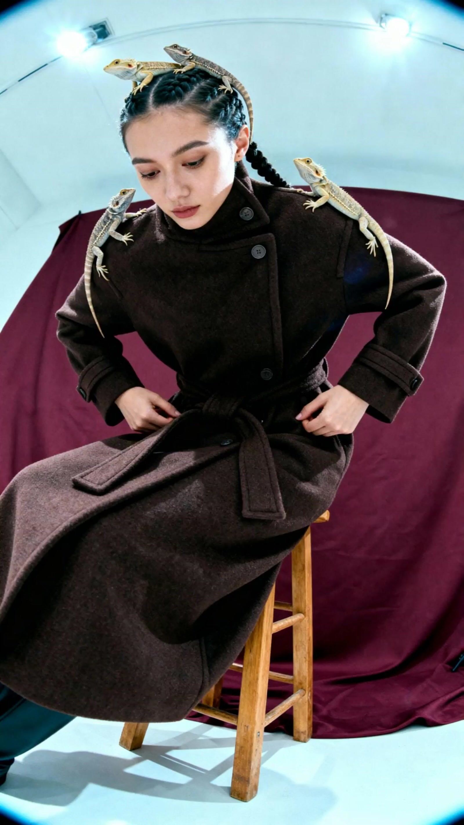 a woman sitting on a chair wearing a coat