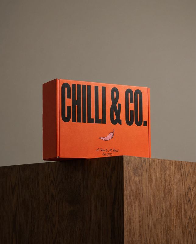 a box of chilli and co sitting on top of a wooden table