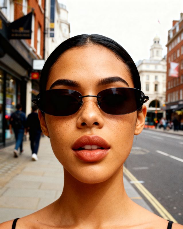 a woman wearing sunglasses on a city street