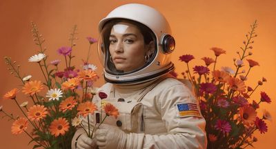 a woman in a space suit holding a bouquet of flowers